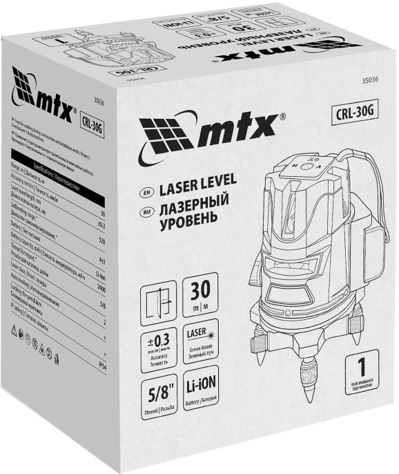 Лазерный уровень MTX crl-30g 30 м зеленый луч акк. li 2400 mah резьба 5/8" 35036