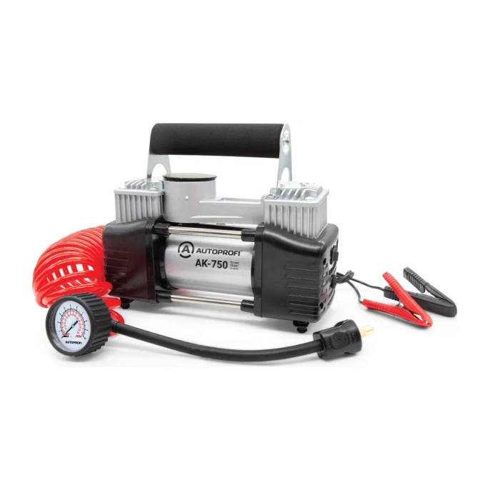 Воздушный компрессор AUTOPROFI 75 л./мин., 12v/30a, 300w, шланг 5 м., шнур питания 3 м., питание от акб, клапан для регулир. давления, набор из 4-х переходников для надувн. изделий, переходники для накач. лодок, сумка AK-750