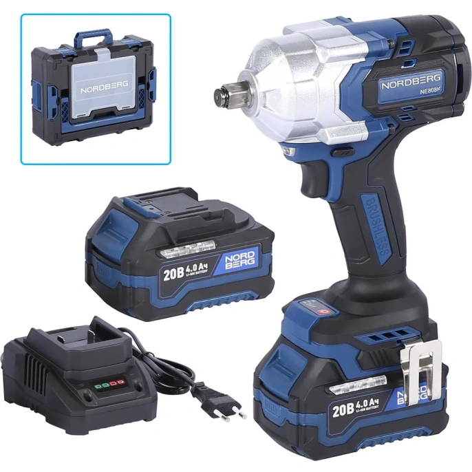 Аккумуляторный гайковерт NORDBERG 1/2", 21В, 1000 Нм с двумя 4A акк. и зар. уст-вом 1,8A, в кейсе NE808K