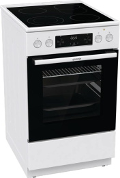 Плита Gorenje GECS5C60WPA, полезный объем 70 л, эргономичные переключатели, сенсорный программатор IconLED, эмаль SilverMatte, очистка паром, индикатор остаточного тепла для каждой конфорки, телескопические направляющие на 2-х уровнях, дверца CompactDo