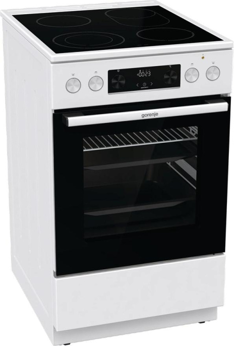 Плита Gorenje GECS5C60WPA, полезный объем 70 л, эргономичные переключатели, сенсорный программатор IconLED, эмаль SilverMatte, очистка паром, индикатор остаточного тепла для каждой конфорки, телескопические направляющие на 2-х уровнях, дверца CompactDo