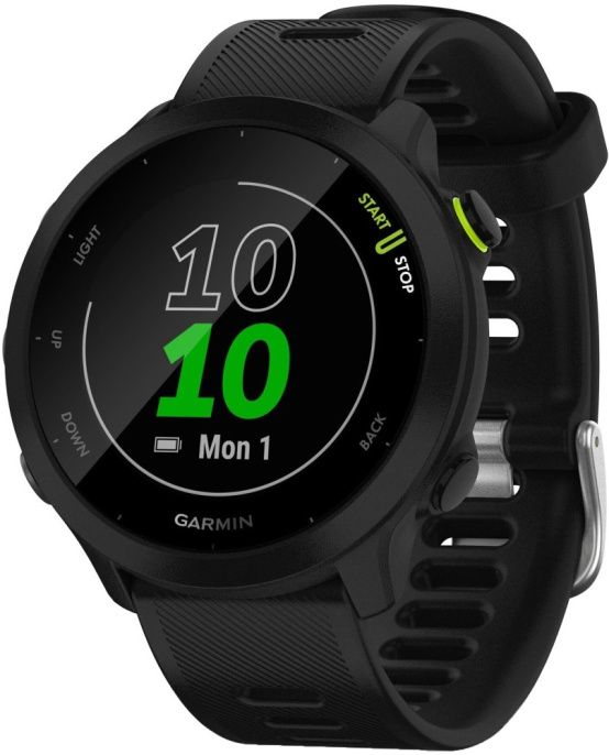 Смарт-часы Garmin Forerunner 55 Черный 010-02562-14 синхронизация с Android/iOS, размер экрана: 1.04" 208×208, пульсометр, GPS, корпус: пластик, ремешок: силикон, влагозащита: 5 АТМ, время автономной работы