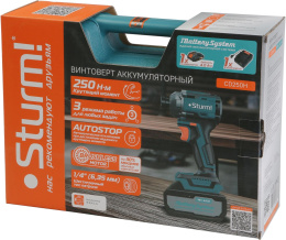 Винтоверт Sturm! CD250H (питание: аккумулятор, бесщеточный двигатель, 2600 об/мин, крутящий момент: 250 Нм, тип батареи: Li-Ion, напряжение: 18 В, патрон: шестигранный, 1/4" (6.35 мм), емкость: 4 Ач, подсветка рабочей зоны, тормоз двигателя, реверс, кейс)