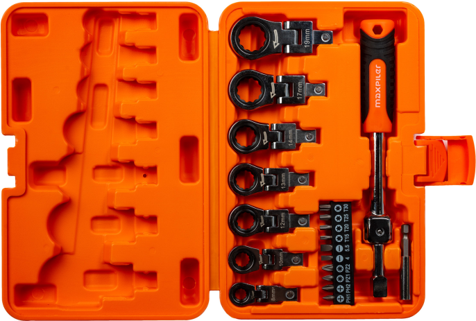 Набор насадок MaxPiler MXTF-20-SET 20 предметов (шарнирные, накидные, биты с рукояткой, 20 шт, 2 адаптера, кейс)