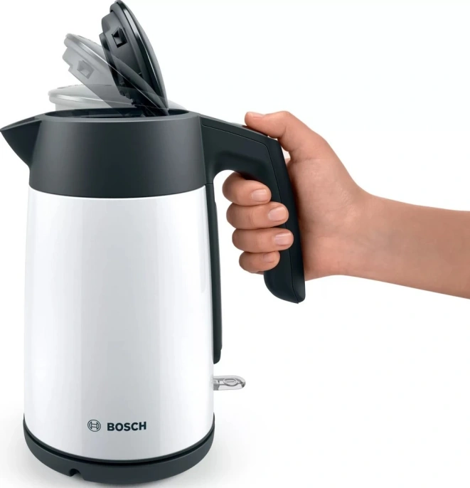 Электрочайник Bosch TWK7L461 2400 Вт, объем 1.7 л, материал корпуса: металл/пластик, материал колбы: нержавеющая сталь, с возможностью вращения на 360°, механическое управление