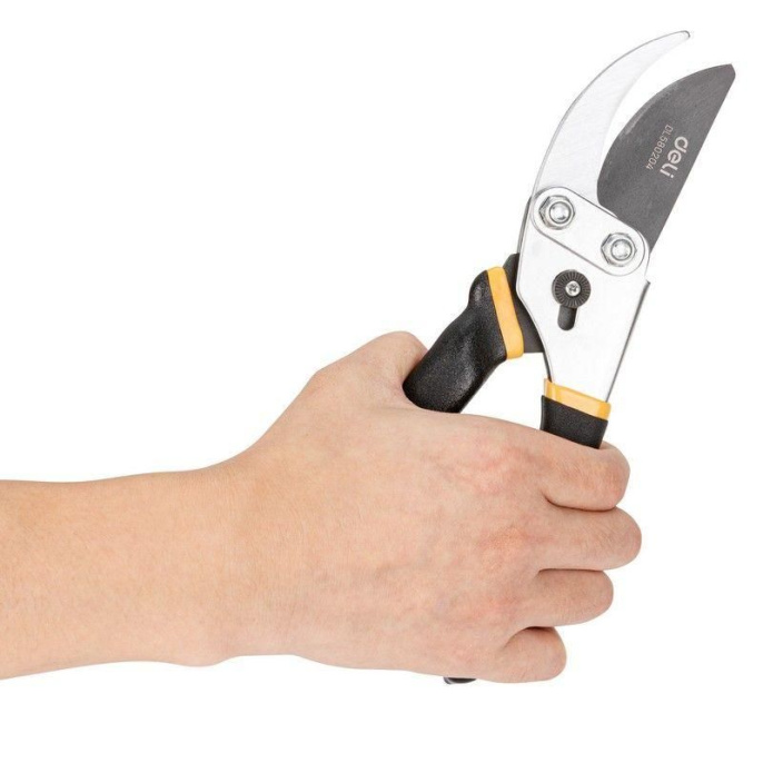 Секатор садовый Deli DL580204 лезвия с тефлоновым покрытием, длина 200мм, макс.диаметр резки 15мм, сталь 55С