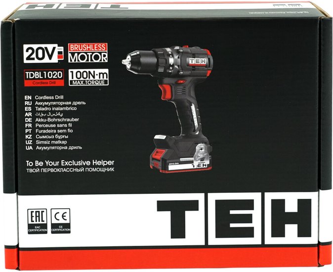 Дрель-шуруповерт TEH TDBL1020 (напряжение 20V, обороты: 0-500/2100 об/мин, крутящий момент 100Нм, быстрозажимной патрон 13 мм, в комплекте крюк для ремня, поставляется в коробке без АКБ и ЗУ)