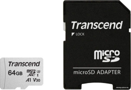 Карта памяти Transcend microSDXC 300S 64GB + адаптер 64 ГБ, класс 10, UHS-I (класс U1), чтение: 95 МБ/с, запись: 45 МБ/с, адаптер