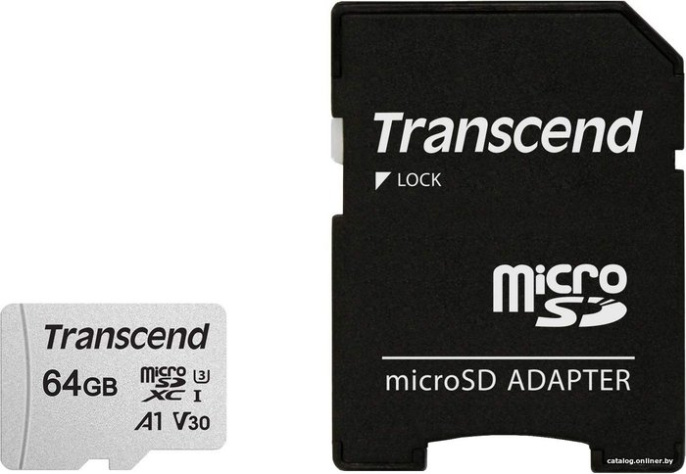 Карта памяти Transcend microSDXC 300S 64GB + адаптер 64 ГБ, класс 10, UHS-I (класс U1), чтение: 95 МБ/с, запись: 45 МБ/с, адаптер