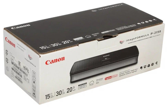 Сканер Canon P-215II 9705B003 протяжный портативный, CIS датчик, 600x600 dpi, 24 бит, формат A4, двустороннее сканирование, автоматическая подача, 15 стр/мин ч/б , 10 стр/мин цвет , питание от USB, 285x174x257 мм, 1 кг