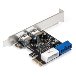 Контроллер ExeGate EXE-342 (PCI-E x1 v2.0, 2*USB3.0 ext.+ 1*19pin int. (внутренние коннекторы для подключения 2*USB3.0 портов на корпусе), разъем доп.питания, VIA Labs Chipset VL805) EX296209RUS
