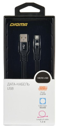 Кабель Digma micro USB m - USB m , 1.2м, в оплетке, 2A, черный [microusb-1.2m-braided-blk]