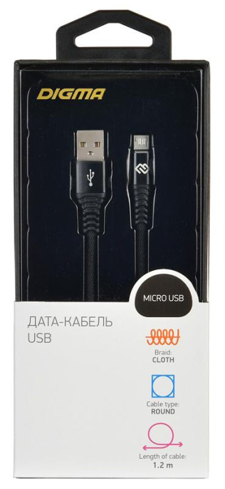 Кабель Digma micro USB m - USB m , 1.2м, в оплетке, 2A, черный [microusb-1.2m-braided-blk]