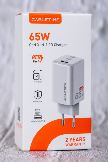 Зарядное устройство CABLETIME GA65W CT-GAN65A-PW GaN PD3.0 2C1A 65 Вт, белый