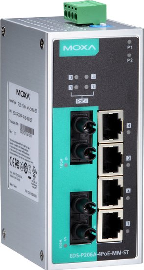 Промышленный неуправляемый резервируемый коммутатор MOXA EDS-P206A-4PoE-MM-SC-T, T, 4 порта PoE 10/100BaseT X , 2 порта 100BaseFX MM, SC , IP30, от -40 до 75°C, DIN-Rail
