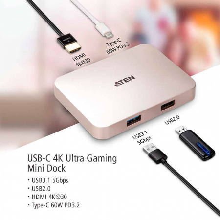 Док-станция ATEN USB-C 4K Ultra Mini Dock with Power Pass-through UH3235-AT