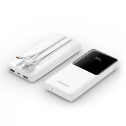 Power Bank Vention 10000mAh Micro-USB/C/A/A со встроенными кабелями 22.5W Белый с LED Дисплеем, шт. FHOW0