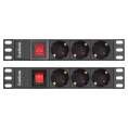 Блок розеток 10" с выключателем с подсветкой и разъемом подключения C14 ExeGate ServerPro PDU-10H305 Al-3S-C14-SW 10", 1U, Алюминий, 3*EU/Тип F Schuko , IEC 320 C14, выкл. с подсветкой, ШхВхГ : 254х45х45 мм, черный, RTL EX298593RUS