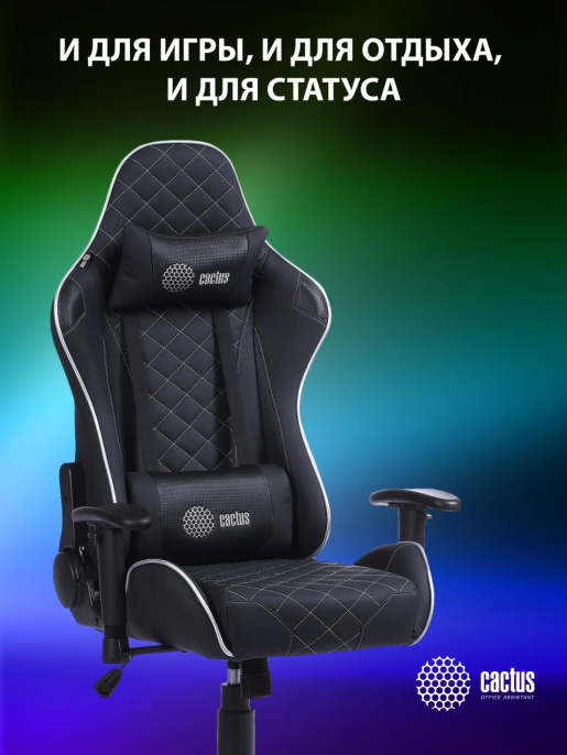Кресло игровое Cactus CS-CHR-030BLS, экокожа, до 120кг, регулируемые 2D подлокотники,  черный/серебристый