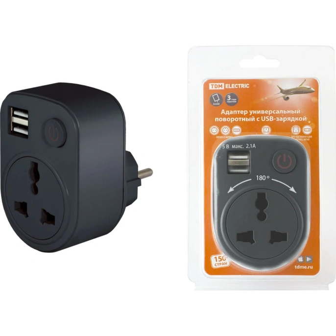 Тройник для розетки с USB TDM ELECTRIC поворотный 250В 16А + 2USB 2.1A SQ1806-0184