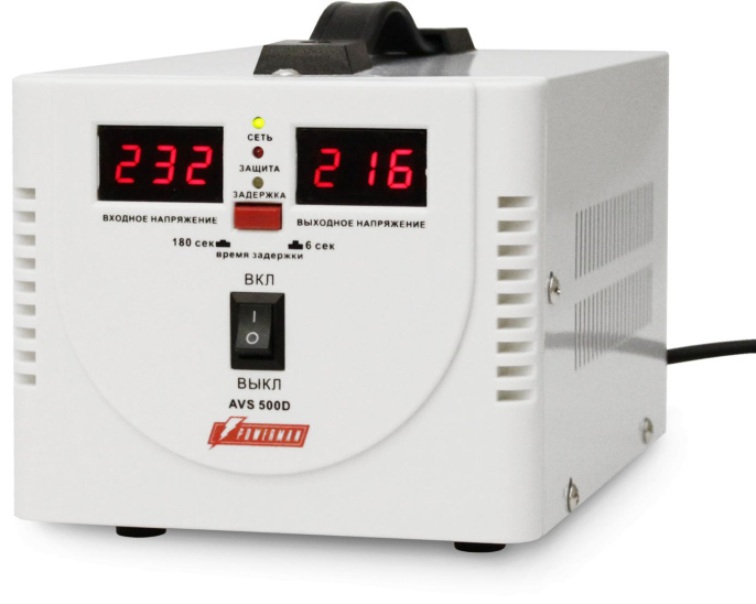Стабилизатор POWERMAN AVS 500D, ступенчатый регулятор, цифровые индикаторы уровней напряжения, 500ВА, 140-260В, максимальный входной ток 5А, 2 евророзетки, IP-20, напольный, 200мм х 150мм х 140мм, 2,3 кг./ Stabilizer POWERMAN AVS 500D, step-type regulato