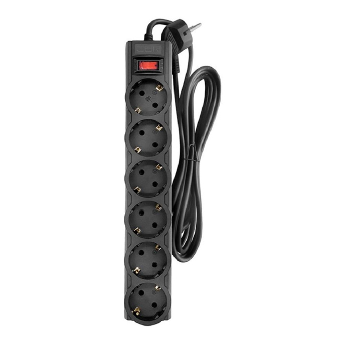 CBR Сетевой фильтр CSF 2606-3.0 Black, 6 евророзеток, длина кабеля 3 метра, цвет чёрный пакет
