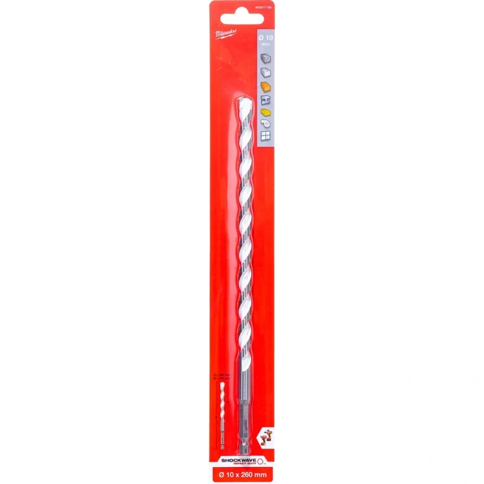 Сверло Milwaukee 10x260 мм HEX 4932471108 для использования с ударными шуруповертами и всеми типами инструментов с трехкулачковым патроном, позволяет сверлить бетон, кирпич, черепицу, газобетонные блоки