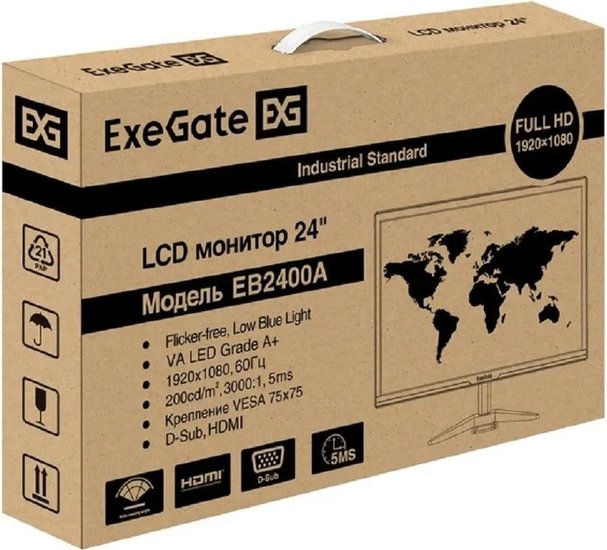 Монитор 24" ExeGate EB2400A (VA LED Grade A+, FHD, 1920x1080@75Гц, 16:9, 200cd/m2, 3000:1, 178°/178°, 5ms, D-Sub, HDMI, Flicker-free, Low Blue Light, кабель HDMI 1.5м, VESA, регулировка наклона (tilt), черный) EX297377RUS