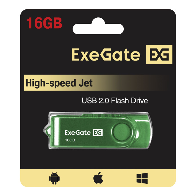 USB-флеш накопитель ExeGate Jet 16GB зеленый USB2.0, 480Mbps, пластик/металл EX302041RUS