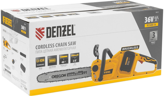 Цепная пила Denzel RCS400-36 аккум. дл.шины:16" 40cm 2аккум. 4Ач ЗУ 58610