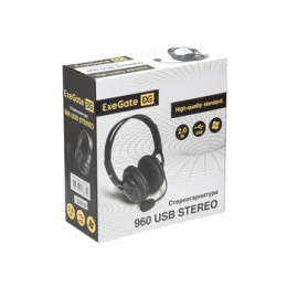 Полноразмерные наушники с микрофоном (гарнитура) ExeGate 960 USB STEREO (регулировка оголовья, USB, динамик 40 мм, 20-20000Гц, длина кабеля 2м, управление на кабеле - кнопки регулировки громкости, кнопка включения и отключения микрофона, индикаторы включе