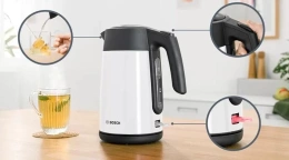 Электрочайник Bosch TWK7L461 2400 Вт, объем 1.7 л, материал корпуса: металл/пластик, материал колбы: нержавеющая сталь, с возможностью вращения на 360°, механическое управление