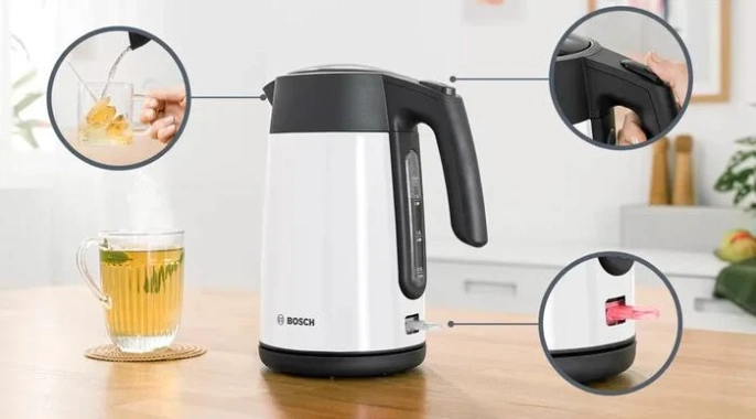 Электрочайник Bosch TWK7L461 2400 Вт, объем 1.7 л, материал корпуса: металл/пластик, материал колбы: нержавеющая сталь, с возможностью вращения на 360°, механическое управление