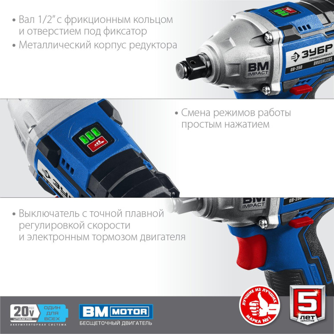 Ударный гайковерт Зубр GB-250-22, 2Ач,  с двумя аккумуляторами