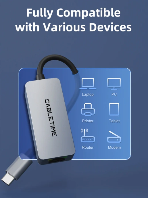 USB-Хаб CABLETIME CB57G (CT-CML2500-AG) – USB 3.0 Type-C, 2.5G RJ45 для ноутбуков