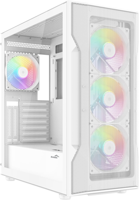 Корпус SAMA S40 White (S40-WHAPA4X1-GL) (материал: сталь SPCC, окно: закалённое стекло, 1xUSB-C, 2xUSB3.0, Audio, без БП, 3x3.5” и 3x2.5”/3.5″, 7 слотов расширения, ATX, длина видеокарты: 415 мм, высота кулера: 164 мм, воздушное охлаждение: сверху 3х120мм