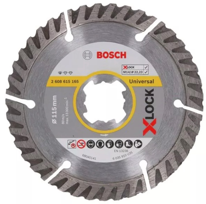 Алмазный диск Bosch X-Lock Standard for Universal 2.608.615.165 отрезной, диаметр 115мм, диаметр отверстия 22,23мм, ширина пропила 2,0мм, высота сегмента 10мм