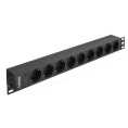 Блок розеток с разъемом подключения C20 ExeGate ServerPro PDU-19H907 Al-9S-C20 (19", 1U, Алюминий, 9*EU/Тип F(Schuko), IEC 320 C20, индикатор питания, черный, RTL) EX280853RUS
