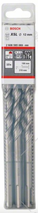 Набор сверл Bosch 2.608.585.069 10 шт, обрабатываемый материал: бетон, кирпич, хвостовик: SDS+, диаметр: 12 мм, форма наконечника: спиральная, длина общая: 215 мм, длина режущей части: 150 мм