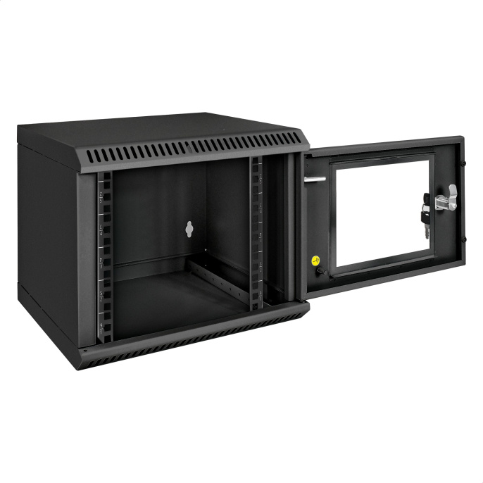 Шкаф телекоммуникационный 10" настенный 6U ExeGate EC-WM-6U.280.G.BLACK (10”, 6U, 350x280x287mm (ШхГхВ), передняя дверь закаленное стекло, пыле- и влагозащита IP23, черный RAL 9004) EX298624RUS