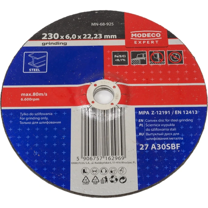 Диск для шлифования металла 230x6x22.23 мм, выпуклый MODECO MN-68-925