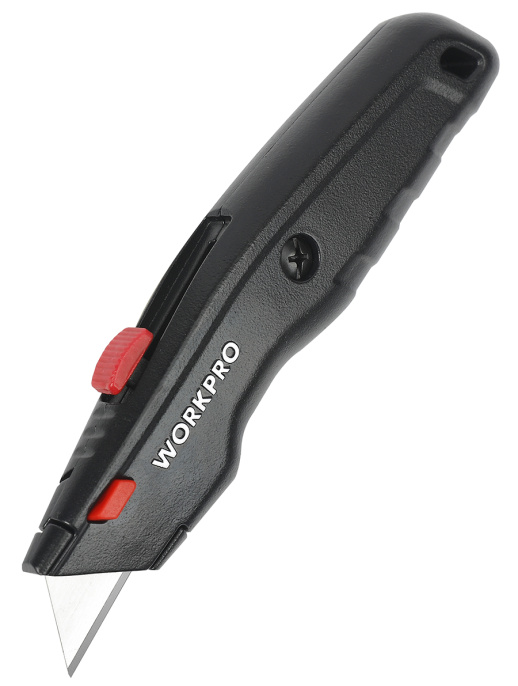 Нож строительный WorkPro WP213008 черный, корпус из алюминиевого сплава, эргономичный дизайн, 3-позиционное выдвижное лезвие, механизм быстрой замены лезвия, при хранении 3 предметов лезвий, подходит для