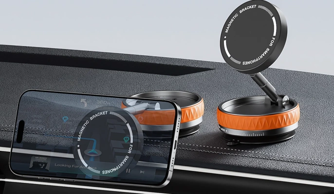 Держатель для телефона K10B, сильный магнит (MagSafe), вакуумная присоска с блокиратором, цвет оранжевый
