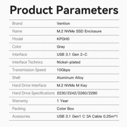 Корпус для SSD Vention USB 3.1 Gen 2-C M.2 NVMe Серый (KPGH0)