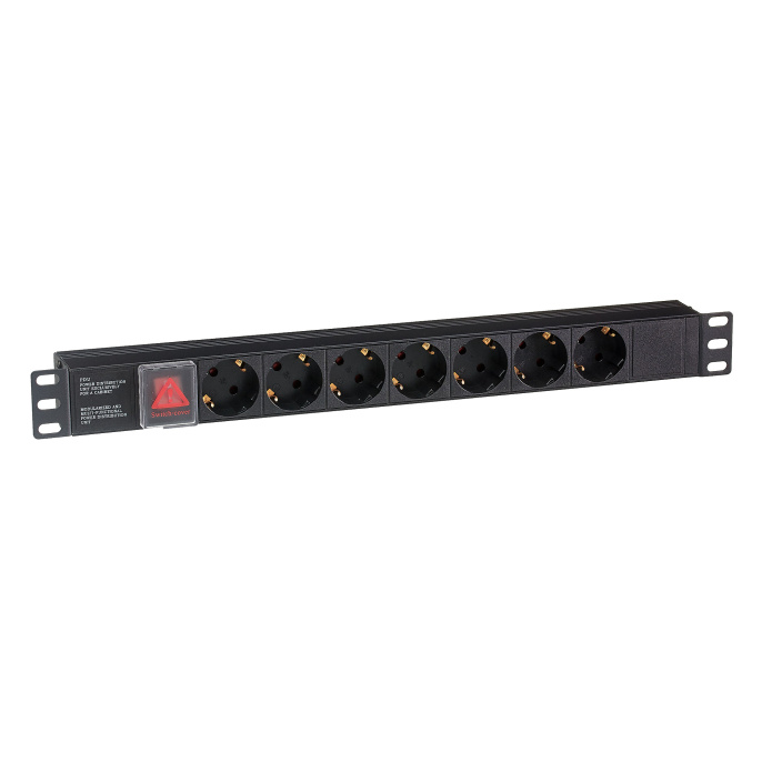 Блок розеток с выключателем с подсветкой и разъемом подключения C20 ExeGate ServerPro PDU-19H703 Al-7S-C20-SW (19", 1U, Алюминий, 7*EU/Тип F(Schuko), IEC 320 C20, выкл. с подсветкой, черный, RTL) EX280838RUS