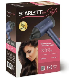 Фен Scarlett SC-HD70I61 Ультрамарин (2100 Вт, тип мотора: DC, количество скоростных режимов: 2, количество температурных режимов: 3, возможность выбора холодного и горячего воздуха, насадка - концентратор в комплекте, ионизация, автоматическое отключение 