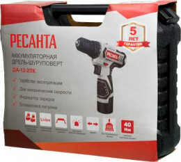 Дрель-шуруповерт Ресанта ДА-12-2ЛК, 2Ач,  с двумя аккумуляторами [75/14/2]