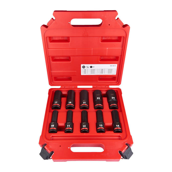 Набор головок Milwaukee Shockwave 10шт (4932480457) (ударные, легированная сталь, 10 x ½″ ударных головок удлиненных: 10, 11, 12, 13, 14, 17, 19, 21, 22, 24 мм)