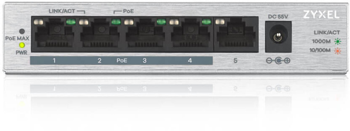 Коммутатор/ ZYXEL GS1005HP Switch PoE +, 5xGE 4xPoE + , desktop, metal, silent, PoE budget 60 W (GS1005HP-EU0101F)