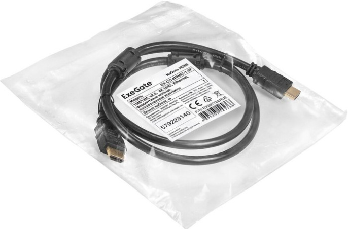 Кабель HDMI ExeGate EX-CC-HDMI2-1.0F (19M/19M, v2.0, 1м, 4K UHD, Ethernet, ферритовые кольца, позолоченные контакты) EX287722RUS